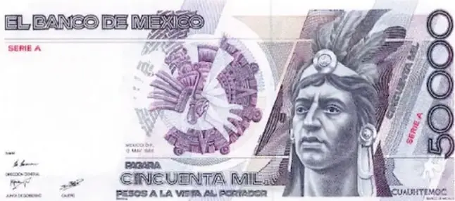 Billete antiguo de 50 000 pesos del Banco de México, serie A, con la imagen de Cuauhtémoc y el texto 'CINCUENTA MIL PESOS A LA VISTA AL PORTADOR'.