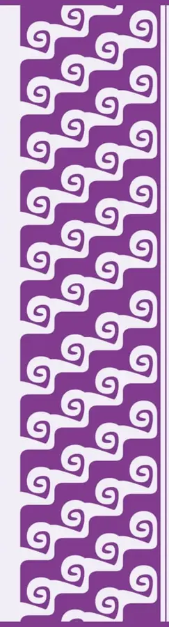 Franja decorativa vertical color morado con patrones de espirales blancas entrelazadas.