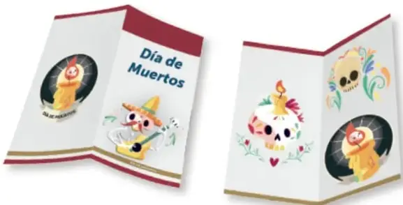 Dos folletos plegados de ejemplo: uno sobre 'Día de Muertos' y otro con calaveras decorativas.
