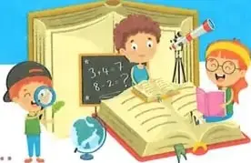 Ilustración de niños leyendo y realizando una actividad colaborativa.