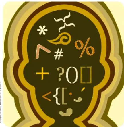 Silueta de un rostro humano en tonos verde olivo y dorado, rellena con símbolos tipográficos como *, %, #, +, ?, <, {, }.