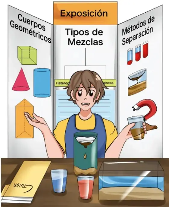 Ilustración de un estudiante frente a un tríptico de exposición con tres paneles: 'Cuerpos Geométricos' (cubo, cono, cilindro, prisma), 'Tipos de Mezclas' (homogéneas/heterogéneas) y 'Métodos de Separación' (decantación, imantación con imán); sobre la mesa hay vasos con líquidos, un acuario con agua y arena, y una ficha de notas. Crédito: Dulce Estefanía Mata Medina, Tamaulipas.