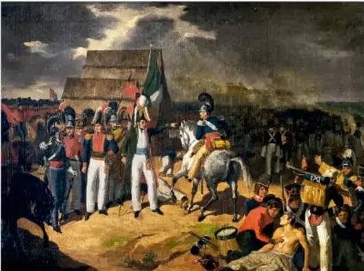 Pintura de acción militar en Pueblo Viejo, Tamaulipas, siglo XIX, de Carlos París; muestra soldados, caballos y una bandera mexicana.