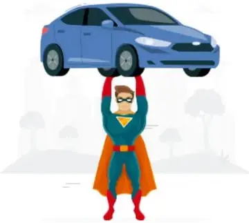 Ilustración de un superhéroe levantando un auto azul con una mano.