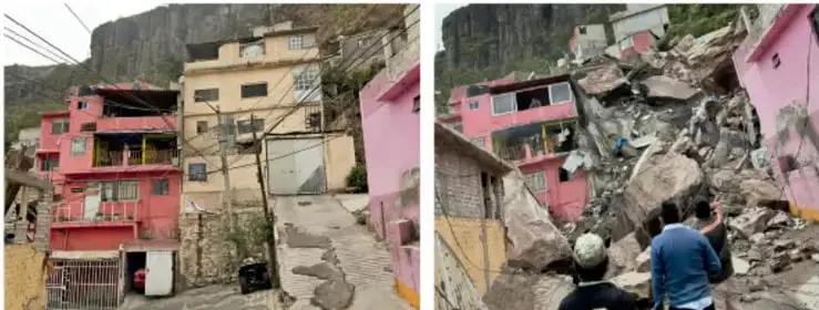 Viviendas de colores (rosa, amarillo) construidas en una ladera o zona inclinada, con cables eléctricos y calle de tierra.