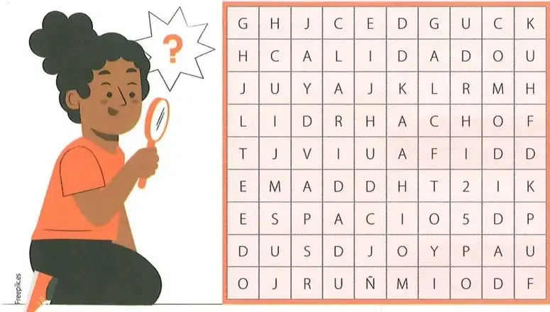 Ilustración de una niña de piel oscura con cabello recogido, sosteniendo una lupa y mirando con curiosidad. Está en posición sentada. Acompaña la sopa de letras del ejercicio 6. Crédito: freepik.es.