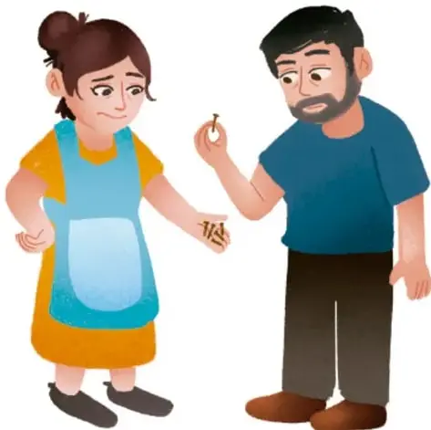 Ilustración de una mujer con delantal y un hombre sosteniendo un clavo, junto a frascos y materiales del experimento.
