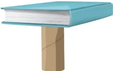 Un libro azul apoyado sobre un tubo de cartón vertical que lo sostiene sin deformarse.