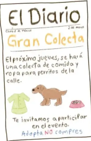 Recorte de periódico titulado 'El Diario' con fecha 26 de mayo, Ciudad de México. Anuncia una 'Gran Colecta' de comida y ropa para perritos de la calle, con la frase 'Adopta, NO compres'. Incluye dibujos de una camiseta verde, un perro café y un plato de comida. Al pie: María José Salas González, JALISCO.