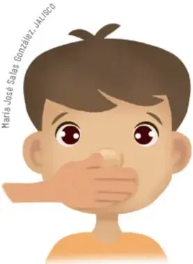 Ilustración de un niño con la mano en la boca, con expresión de silencio o miedo.