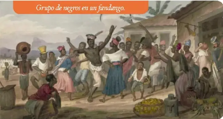 Pintura titulada 'Grupo de negros en un fandango', que muestra una reunión festiva de afrodescendientes en la época colonial.