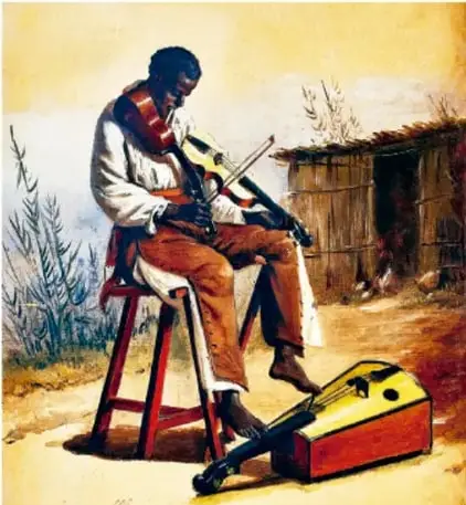 Ilustración de un músico afrodescendiente sentado en un banco tocando la guitarra, con un instrumento (posiblemente otra guitarra o caja) en el suelo y una vivienda rural de palma al fondo; representa la herencia cultural afro en México.