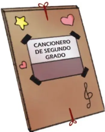 Cancionero de portada café con etiqueta 'CANCIONERO DE SEGUNDO GRADO', decorado con estrella, corazones y clave de sujeto con cintas rojas. Ilustración de Mariana Reyes Santiago, Estado de México.