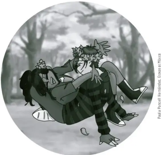 Ilustración circular en blanco y negro de dos niñas jugando en el suelo, una recostada y otra sentada sobre ella, en un entorno de árboles. Crédito: Paulina Hernández, Espejo en México.