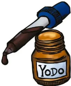 Frasco con la etiqueta 'Yodo' y un gotero que suelta una gota de solución parda.