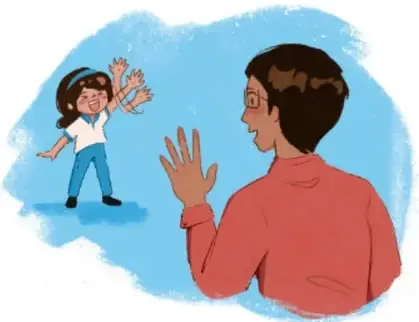 Una niña con cabello oscuro saluda con la mano a una persona adulta de espaldas que devuelve el saludo con la mano abierta.