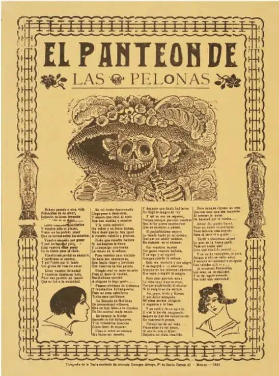 Grabado antiguo titulado «El Panteón de las Pelonas» de la Escuela Tipográfica de Arte Antiguo Vicente Andrés, con calaveras y versos, perteneciente a la tradición del grabado popular mexicano de crítica social.