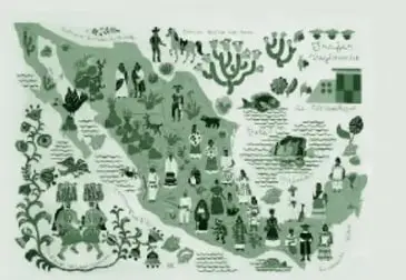 Acuarela (en tonos verdes en la reproducción del libro) de un mapa de México rodeado de hombres y mujeres con trajes típicos regionales, músicos y danzantes, con vegetación y fauna de las distintas entidades.