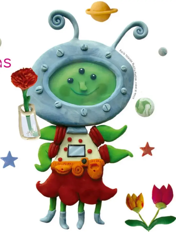 Ilustración de Vini, una extraterrestre verde con traje espacial azul, sosteniendo una flor roja. A su alrededor hay estrellas, planetas y flores de colores.