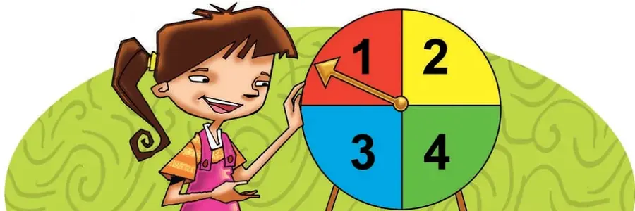 Ilustración de una niña (Camila) sosteniendo una ruleta circular dividida en cuatro sectores iguales de colores rojo, amarillo, azul y verde, con los números 1, 2, 3 y 4. La flecha de la ruleta apunta hacia el sector rojo.