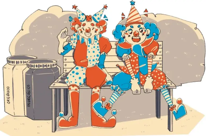 Ilustración de dos payasos (niños disfrazados) sentados en una banca del patio escolar, junto a botes de residuos.