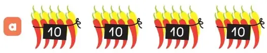 Cuatro atados de ajíes rojos, cada uno rotulado con 10, con los recuadros resueltos 4, 40 y la palabra Cuarenta.