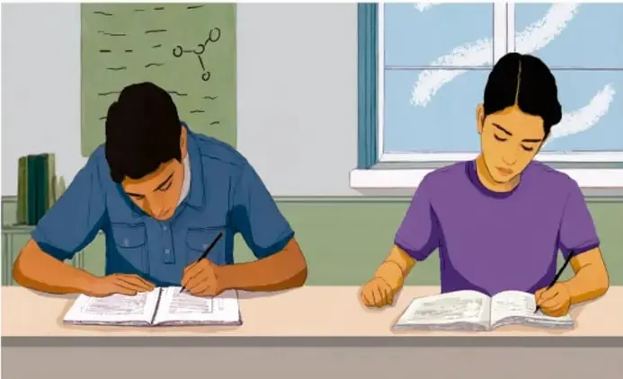 Ilustración de dos estudiantes (uno con camisa azul y otro con camiseta morada) sentados en pupitres, escribiendo y leyendo en sus cuadernos frente a una ventana; en la pared hay una cartelera con anotaciones.