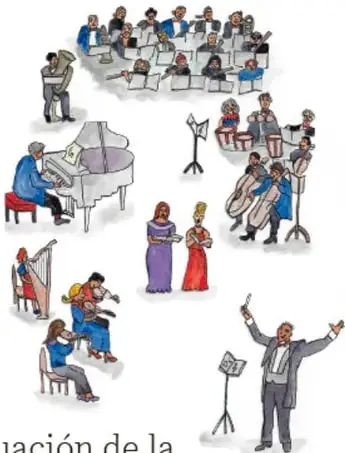 Ilustración de una orquesta y músicos: pianista, violinistas, arpista, cantantes y director, con público.