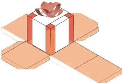 Caja de regalo blanca con listón rojo, abriéndose y mostrando cómo su desarrollo plano se despliega en una plantilla plana anaranjada con solapas.