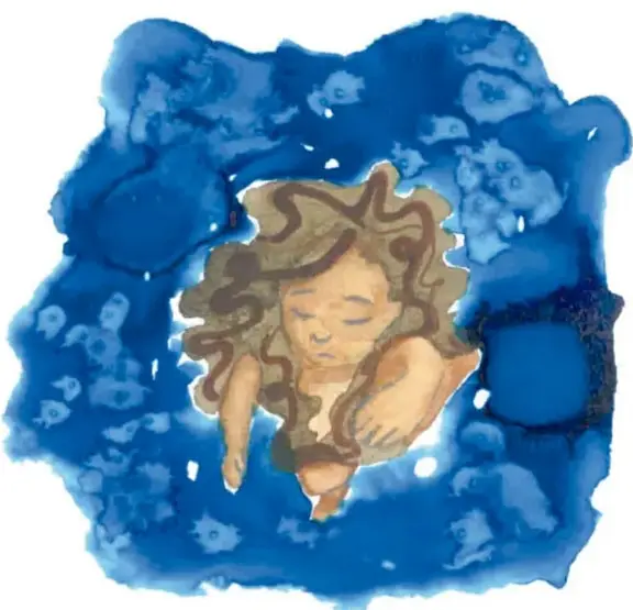 Acuarela azul: una niña de cabello castaño ondulado flota con los ojos cerrados rodeada de peces; firma de la ilustradora «Sandra Angélica Martínez Cruz, Baja California».