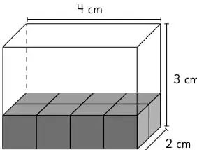 Prisma rectangular de 4 cm de largo, 2 cm de ancho y 3 cm de alto, con la capa base de 8 cubos grises.