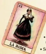 Carta de la baraja española con la figura de una dama y la palabra 'LA DAMA'.