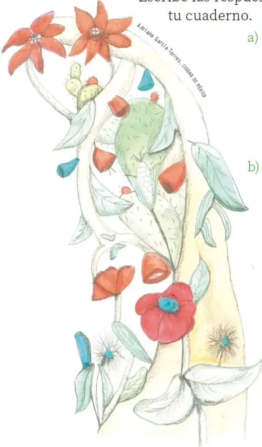 Ilustración de flores y plantas de colores (rojo, verde, azul) trepando por un tronco; crédito: Adriana García Torres, Ciudad de México.
