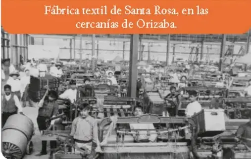 Fotografía en blanco y negro de una fábrica textil con maquinaria y trabajadores. El pie de imagen dice: "Fábrica textil de Santa Rosa, en las cercanías de Orizaba".