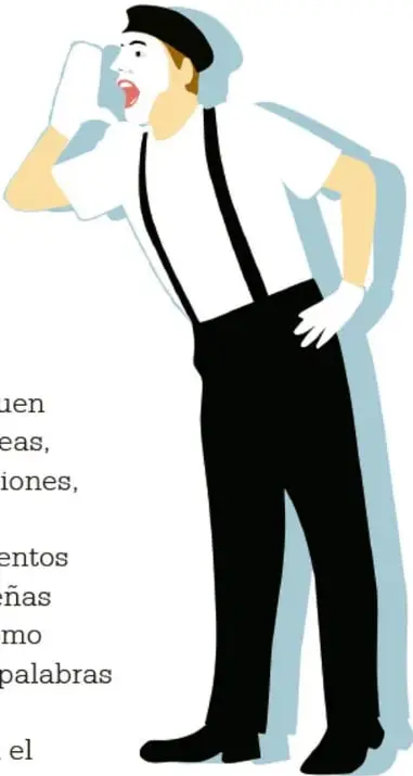 Ilustración de un mimo con camisa blanca, tirantes negros, pantalón negro, guantes blancos y sombrero negro, con la boca abierta y una mano junto a la cara, representando expresión corporal.