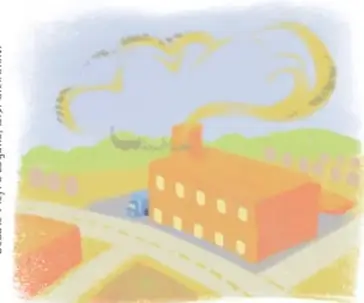 Ilustración de una fábrica con humo, que representa la emisión de gases a la atmósfera.