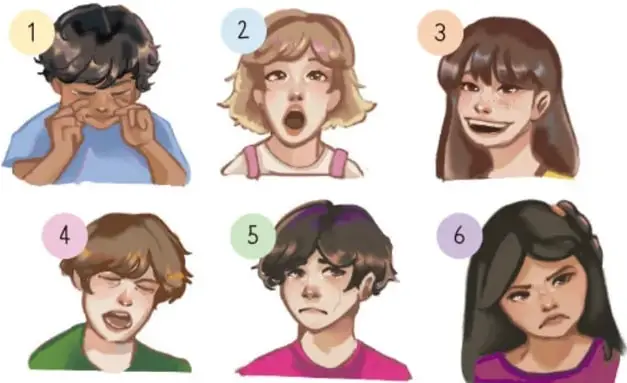 Seis ilustraciones de rostros infantiles numeradas de 1 a 6 que muestran distintas emociones: sorpresa, alegría, enojo y tristeza.