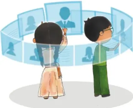 Ilustración de dos estudiantes observando pantallas digitales con perfiles de personas, representando el flujo de información en redes sociales. Crédito: Adriana Maya Soto, Estado de México.
