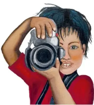 Ilustración de un niño (Benjamín) tomando una fotografía con una cámara.
