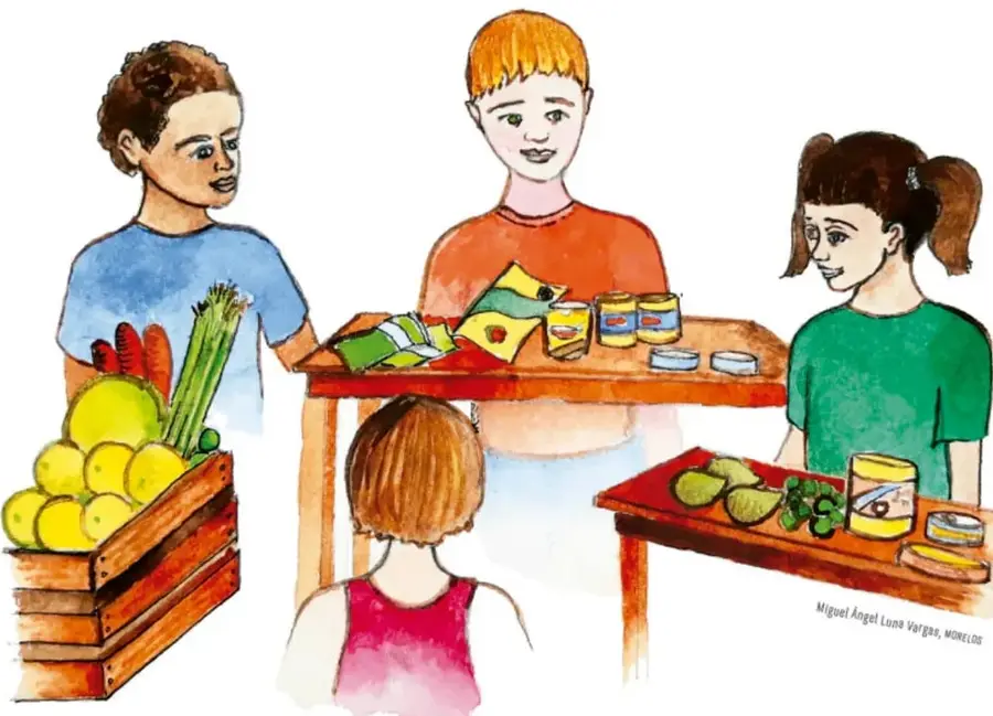 Ilustración de tres estudiantes atendiendo puestos de alimentos: uno con frutas y verduras, otro con productos enlatados y una tercera con alimentos variados.