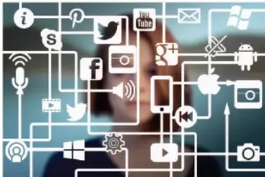 Collage fotográfico de iconos de redes sociales y aplicaciones (Facebook, Twitter, YouTube, Instagram, correo, Wi-Fi, cámara) conectados por líneas, representando la diversidad de plataformas digitales.