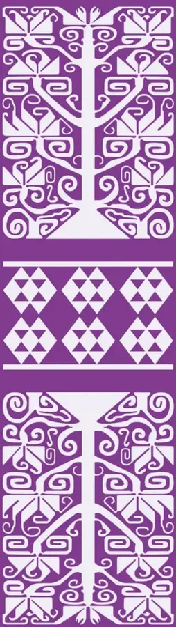 Franja vertical morada con patrones geométricos y simbología de arte indígena mexicano (greca y figuras simétricas en blanco).