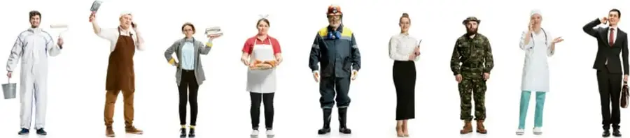 Ilustración de nueve personas con distintos oficios y profesiones: pintor, albañil, oficinista, panadera, obrero, ejecutiva, militar, médica y abogado.