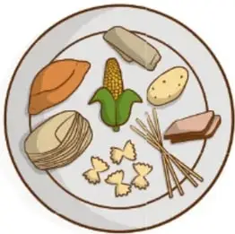 Plato con cereales: pan, elote, papa, pasta y galletas.