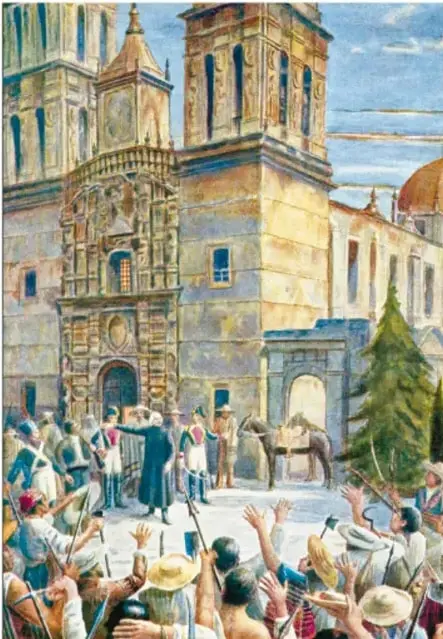 Ilustración del Grito de Dolores: un sacerdote (Hidalgo) arenga a una multitud frente a un templo neoclassicista, con caballos y congregantes alzando los brazos.