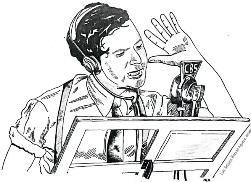 Ilustración en blanco y negro de un locutor joven con audífonos frente a un micrófono de la CBS, con la mano levantada y gesto expresivo, dentro de una cabina de radio.