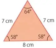 Triángulo isósceles con lados iguales de $7\ \text{cm}$, base de $8\ \text{cm}$ y ángulos marcados de $58°$, $58°$ y $64°$.