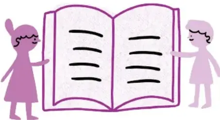 Ilustración de dos niñas sosteniendo un libro abierto, representando al alférez real.