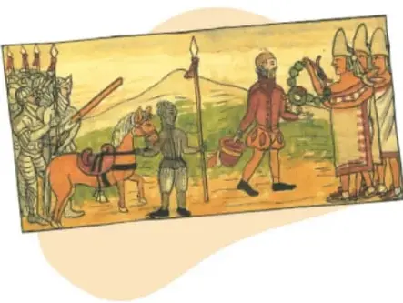 Ilustración de la época que muestra a Hernán Cortés y sus hombres, acompañados de caballos, recibidos por indígenas nobles con penachos, durante su avance hacia Tenochtitlan.