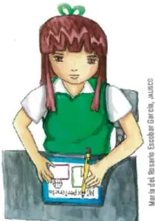 Ilustración de una niña con uniforme escolar verde escribiendo en un cuaderno sobre un pupitre.